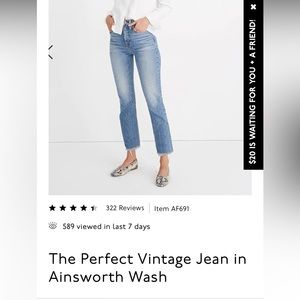 NWT Madewell the Perfect Vintage Jean in Ainsworth Wash Size 29